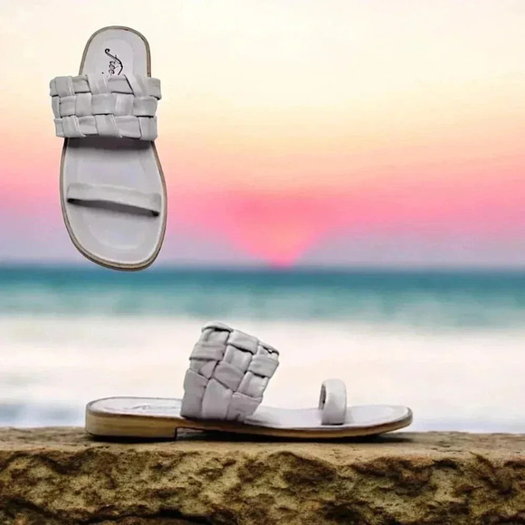 🖤 7.5 Free People Woven River Slip-On Flat Quilted Woven Sandals Grey Blue - Picture 2 of 4